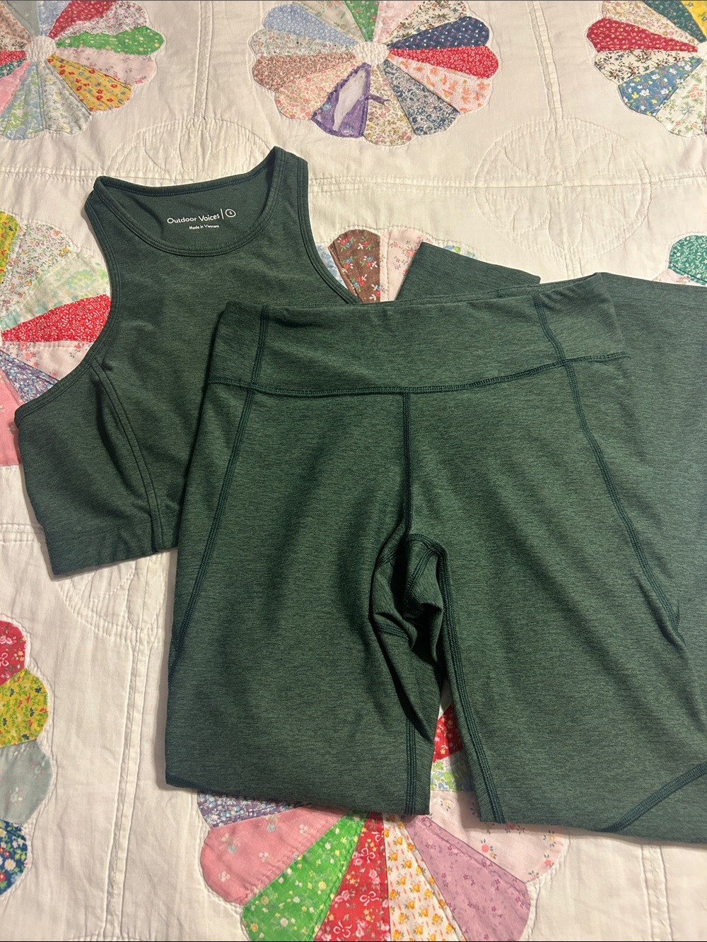 Outdoor Voices Dark Green Crop Tank and Leggings Set